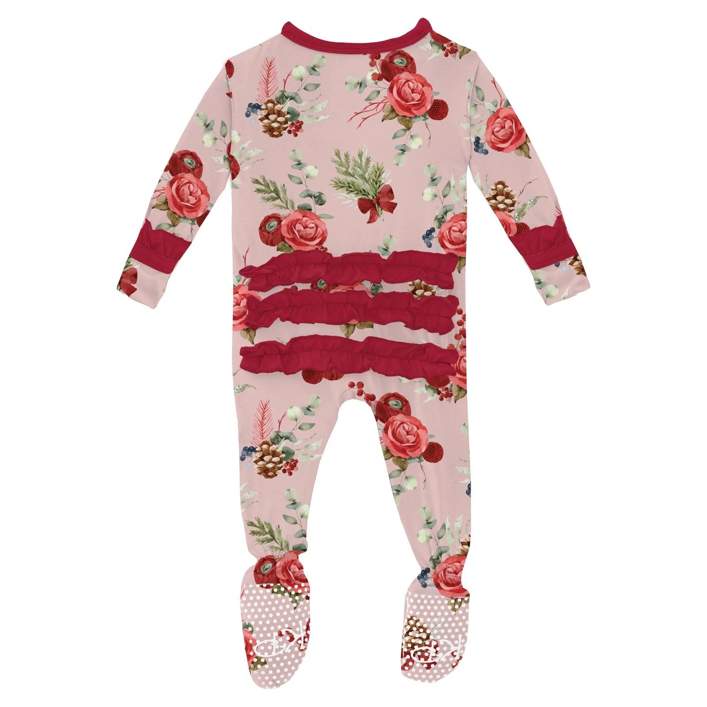 Print Muffin Ruffle Footie with 2 Way Zipper // Baby Rose Holiday Floral