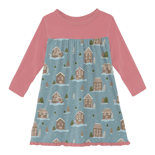Pink & blue dress with houses and trees 