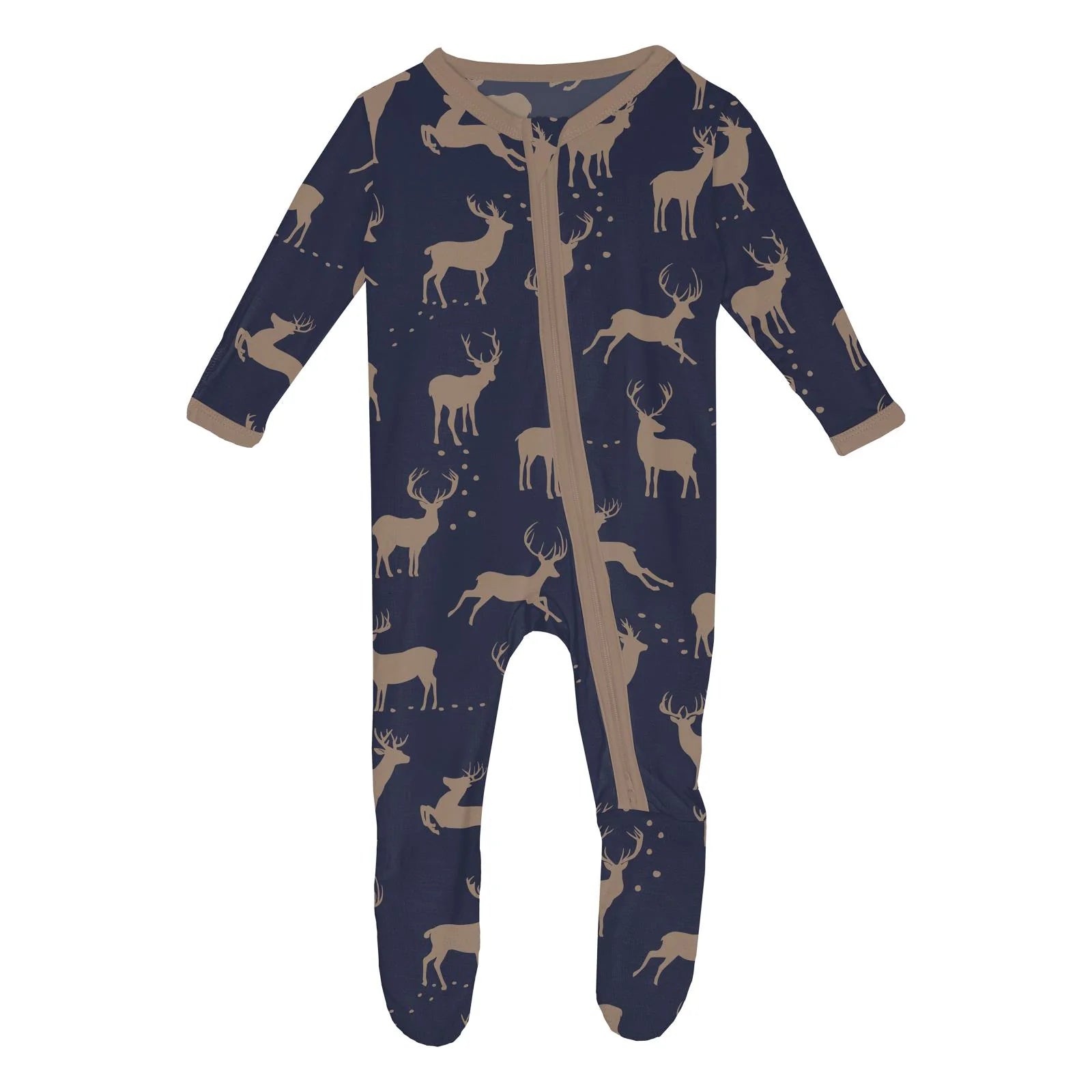 Navy baby onesie with beige deer pattern 