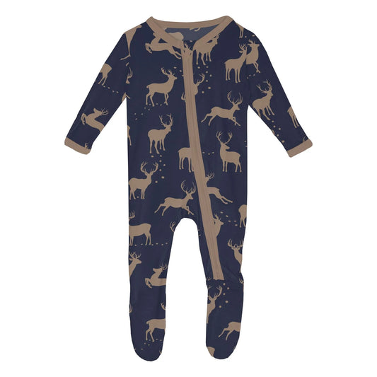 Navy baby onesie with beige deer pattern 