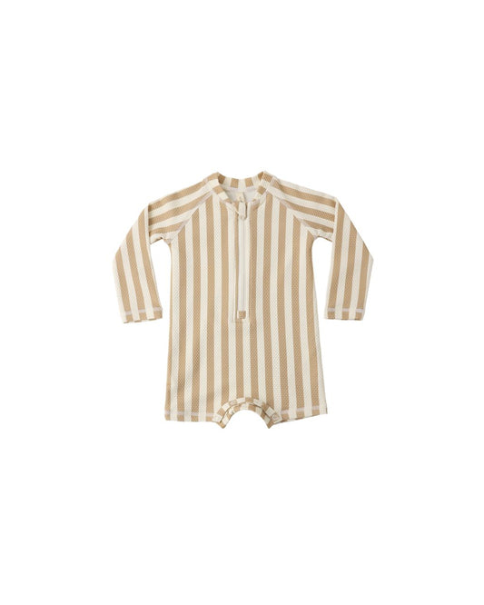 Beige and white striped baby swim suit
