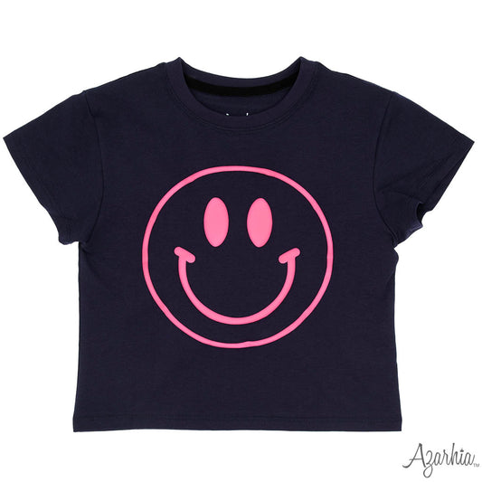 Navy Boxy Tee Hot Pink Puffy Screen Print Smiley Face