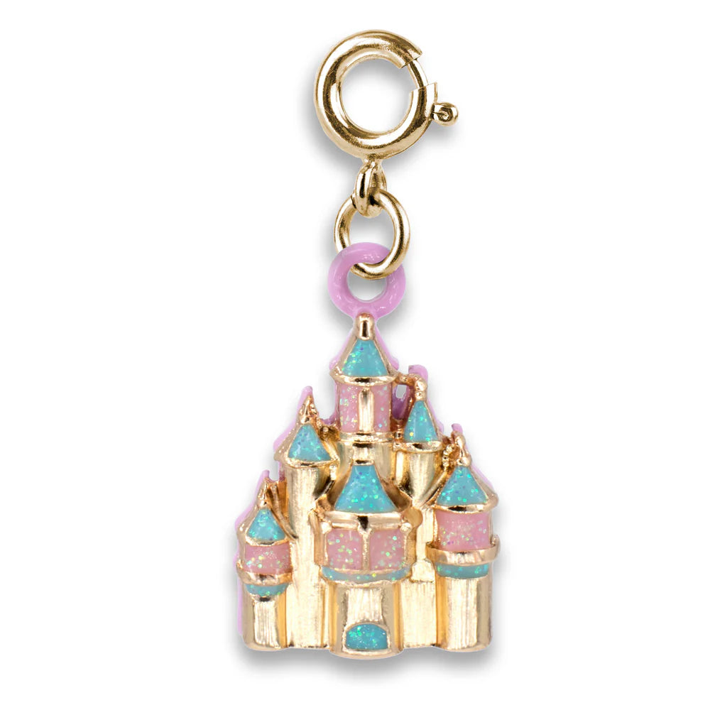 Gold charm shaped like a castle with pink and blue accents