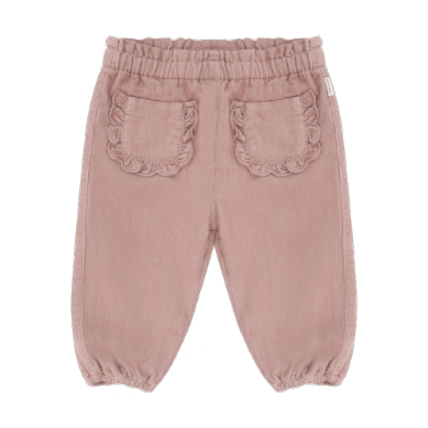 A pair of dusty rose corduroy pants with an elastic waistband and elastic cuffs with ruffle pockets on the back.