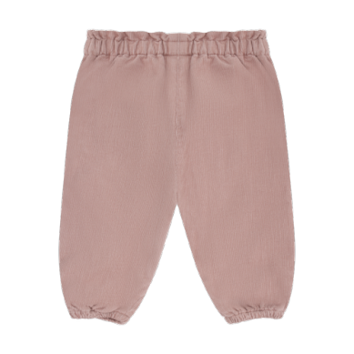 A pair of dusty rose corduroy pants with an elastic waistband and elastic cuffs with ruffle pockets on the back.