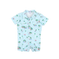 Light blue romper with tropical print on a white background