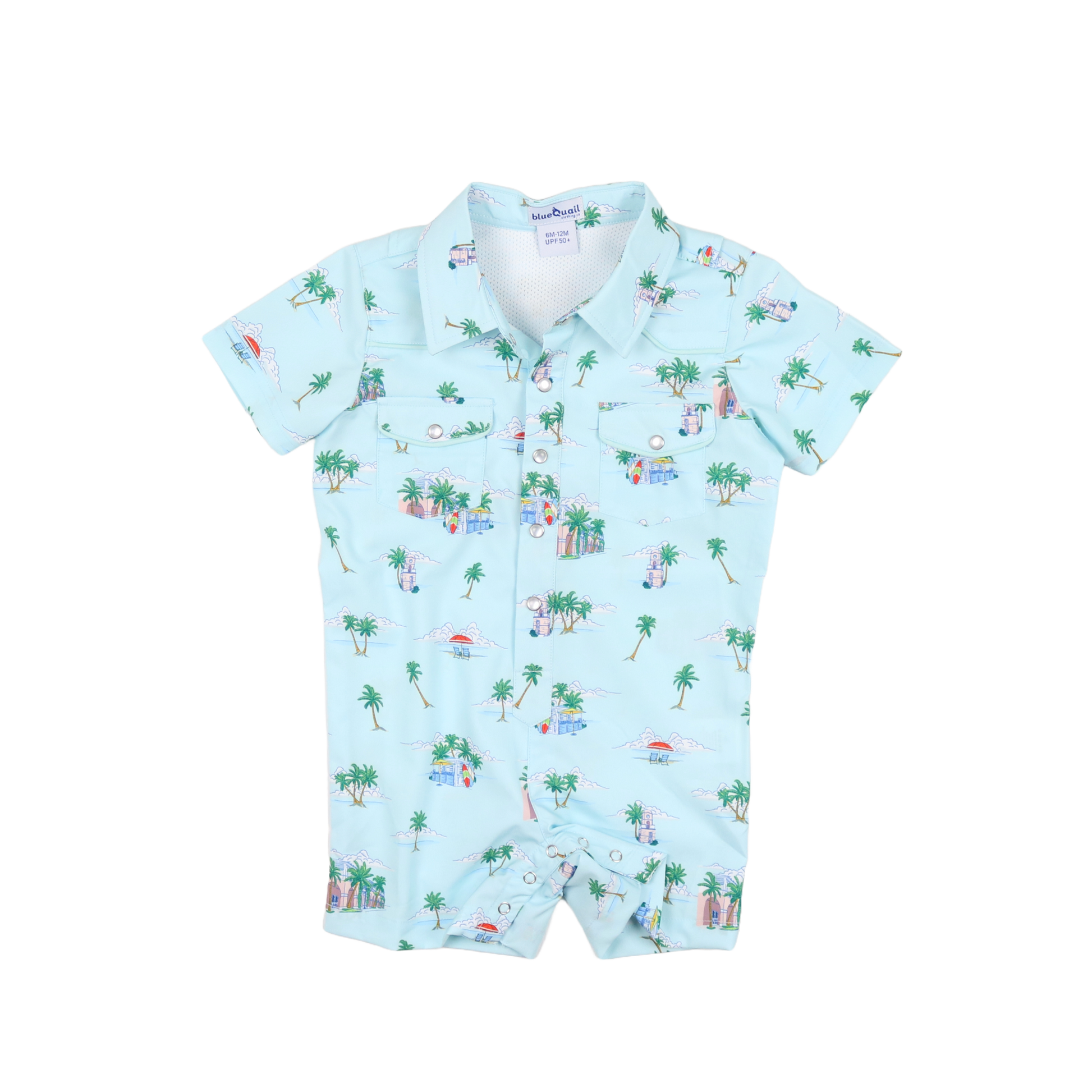 Light blue romper with tropical print on a white background