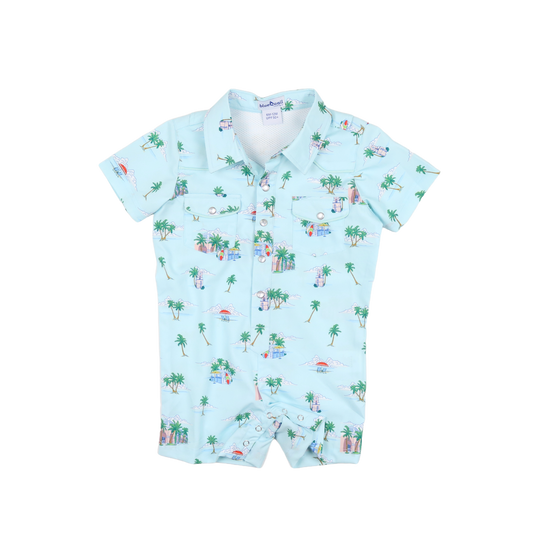 Light blue romper with tropical print on a white background