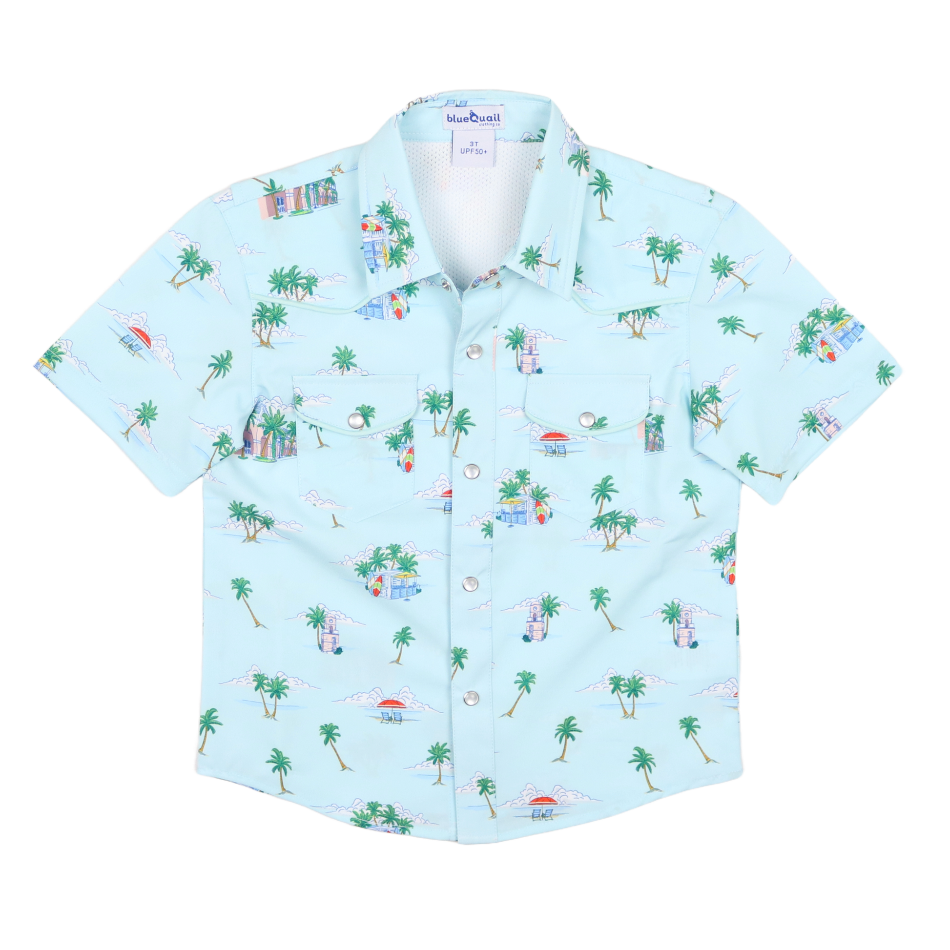 Light blue shirt with tropical pattern on a white background