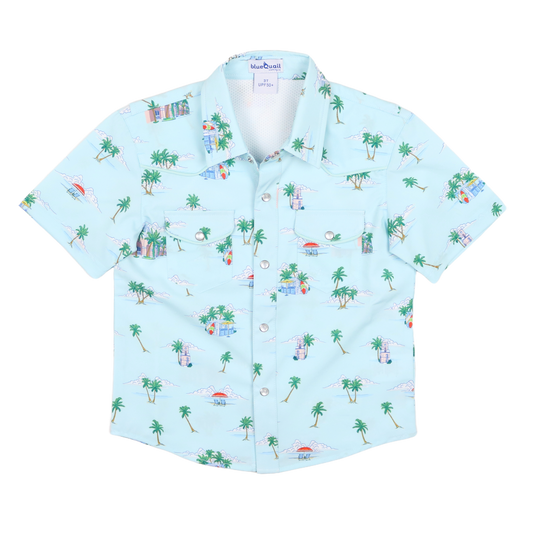 Light blue shirt with tropical pattern on a white background