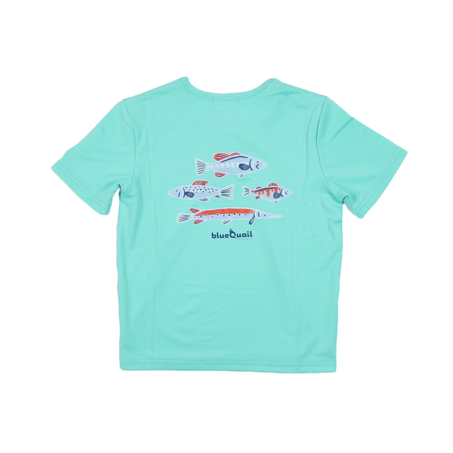 Light blue t-shirt with fish illustrations on a white background