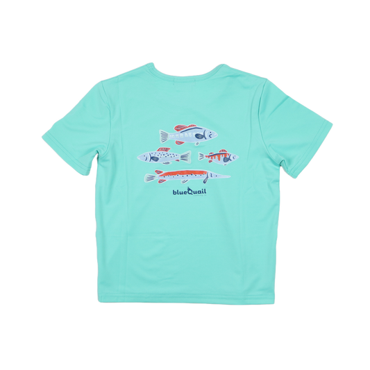 Light blue t-shirt with fish illustrations on a white background