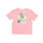 Pink t-shirt with a tropical graphic on a white background
