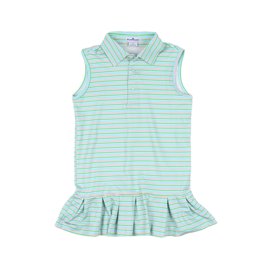 Green and white striped sleeveless dress with a ruffled skirt on a white background