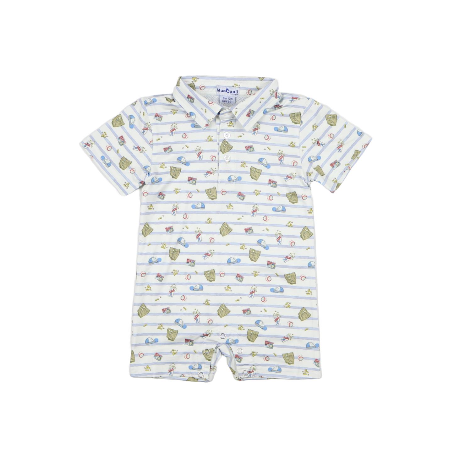 Baby romper with baseball pattern on a white background