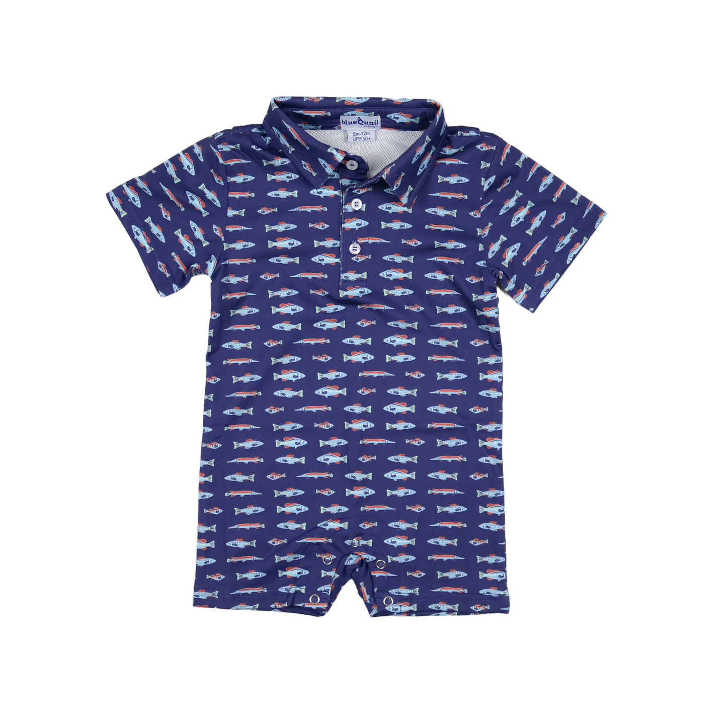 Navy romper with fish pattern on a white background