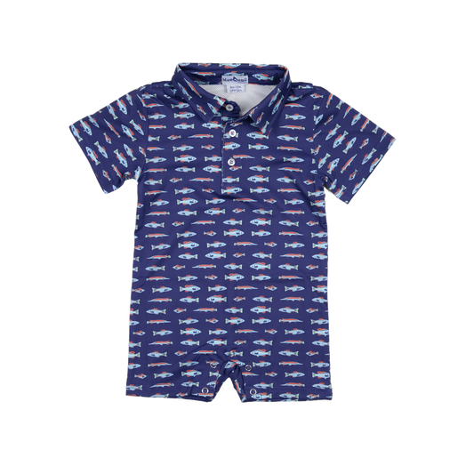 Navy romper with fish pattern on a white background