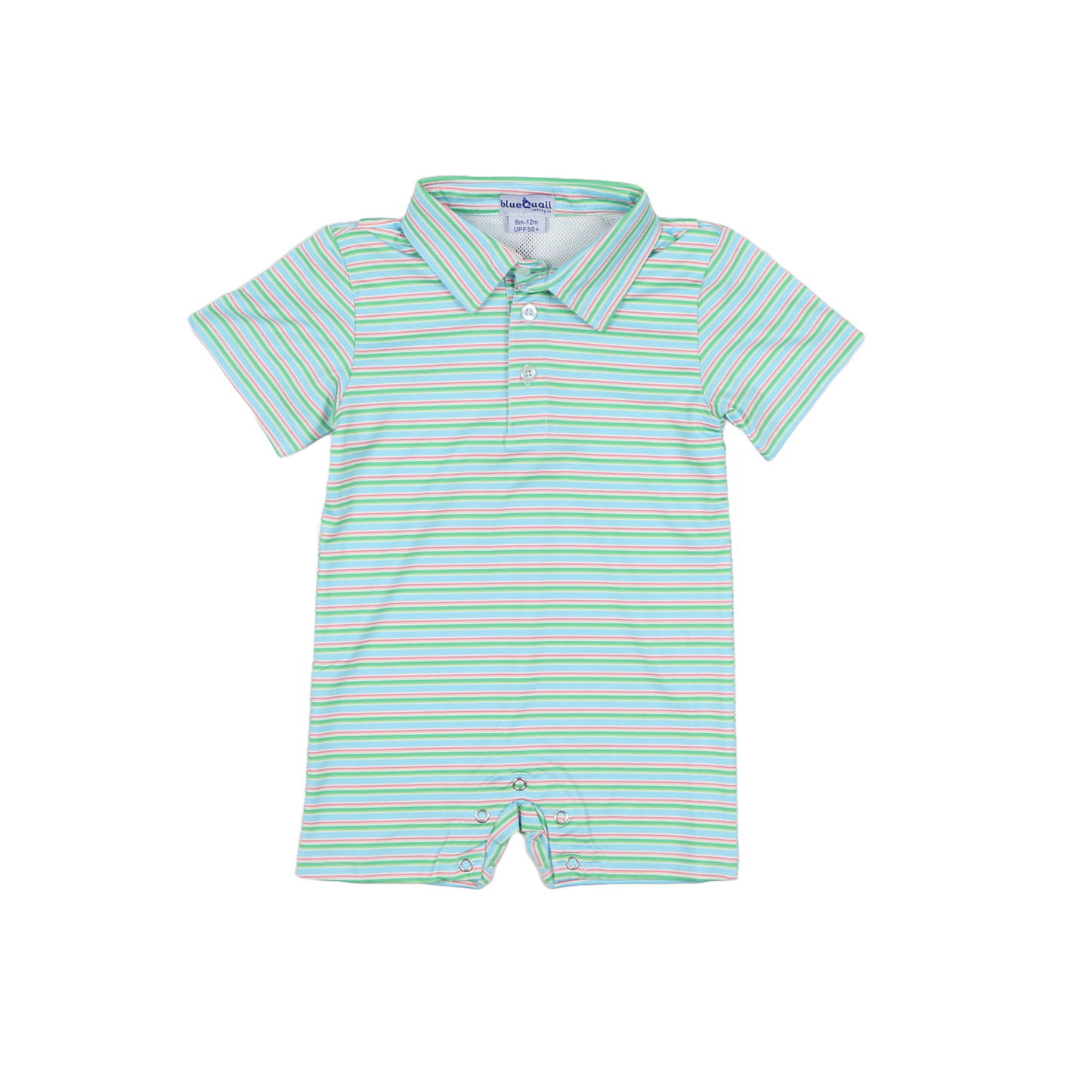 Green and white striped baby romper on a white background