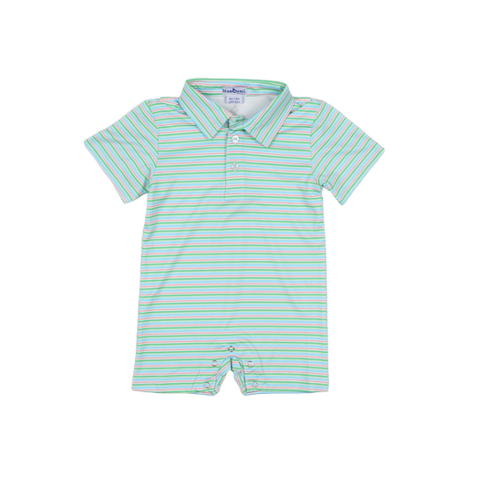 Green and white striped baby romper on a white background