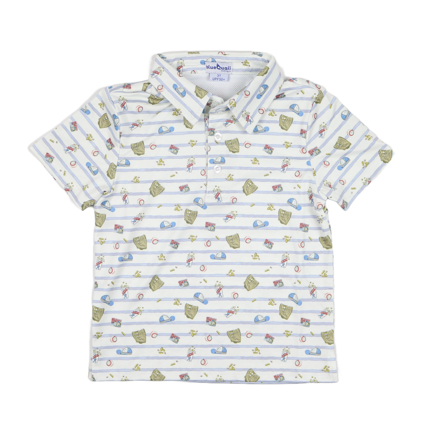 Children's polo shirt with baseball themed print on a white background