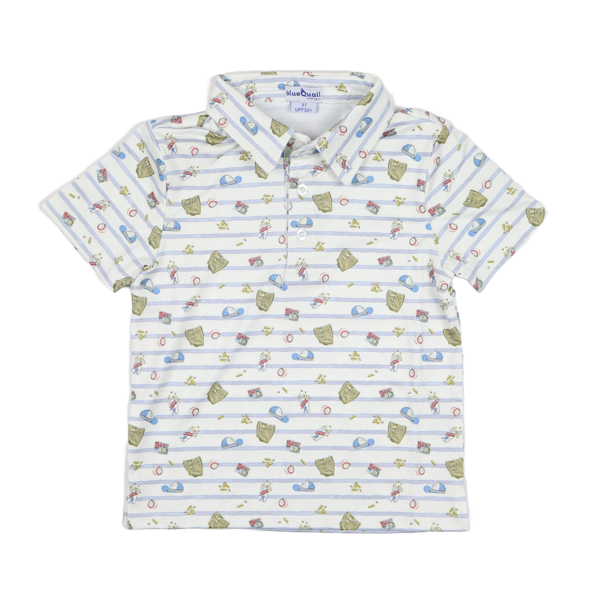 Children's polo shirt with baseball themed print on a white background