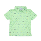 Green polo shirt with golf patterns on a white background