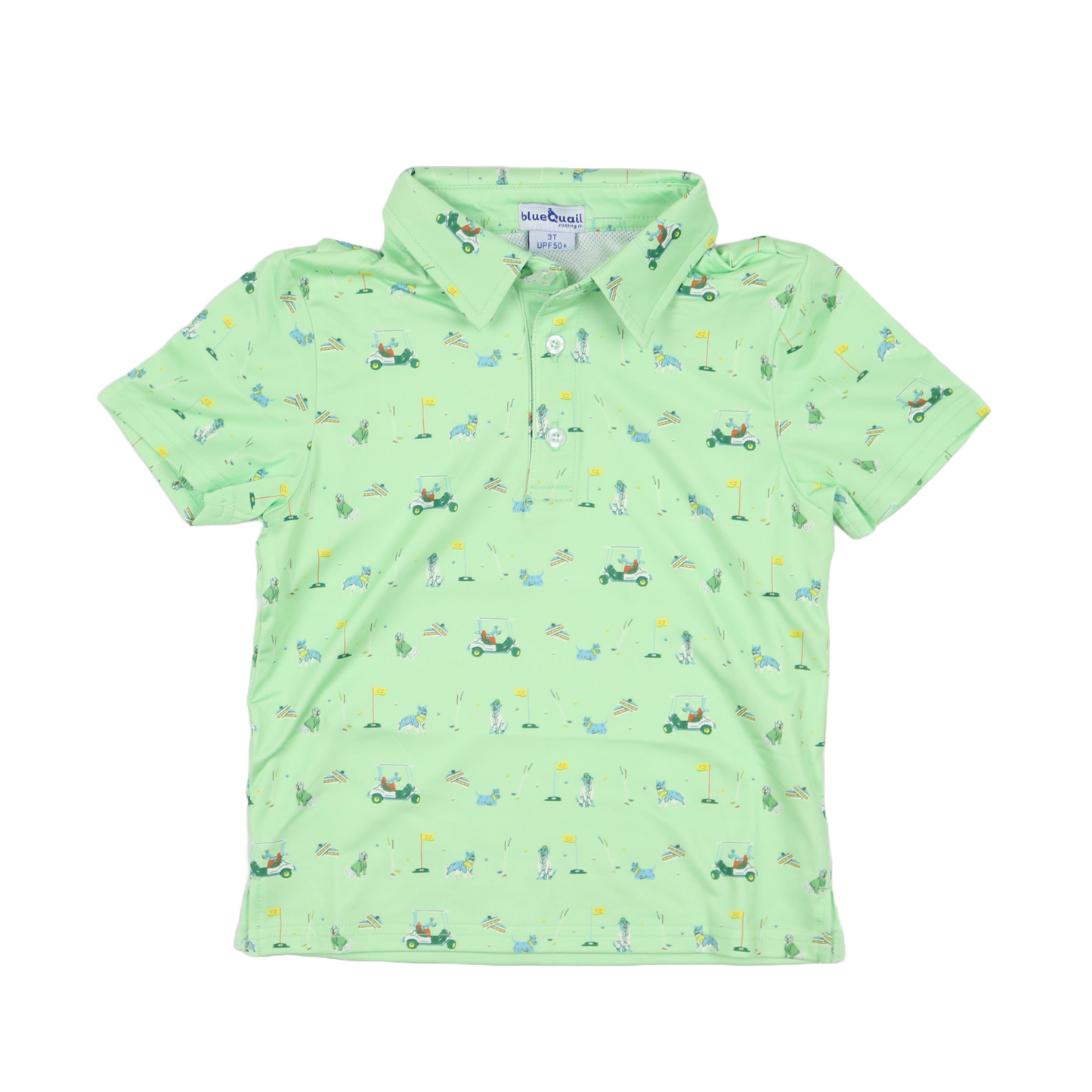 Green polo shirt with golf patterns on a white background