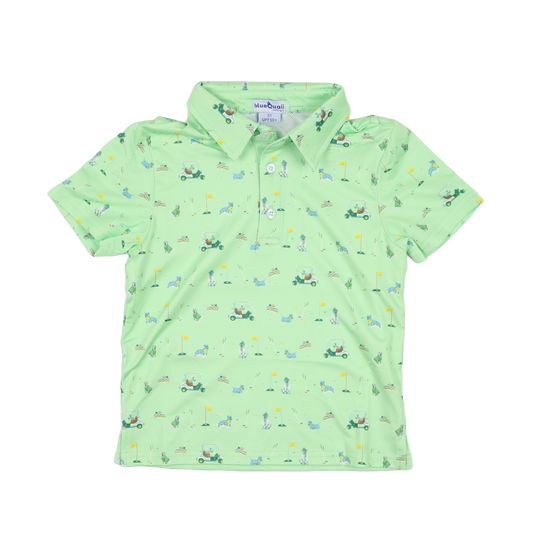 Green polo shirt with golf patterns on a white background