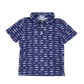 Navy blue polo shirt with fish pattern on a white background