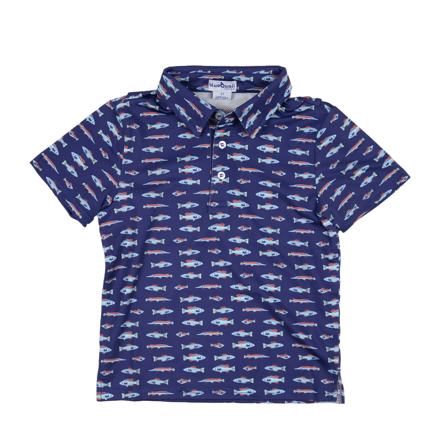 Navy blue polo shirt with fish pattern on a white background