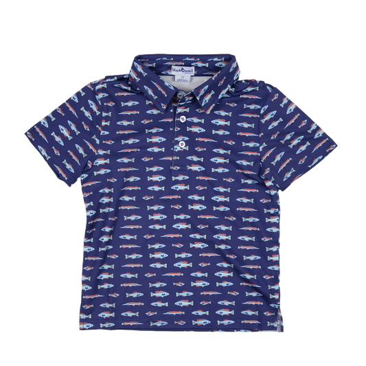 Navy blue polo shirt with fish pattern on a white background