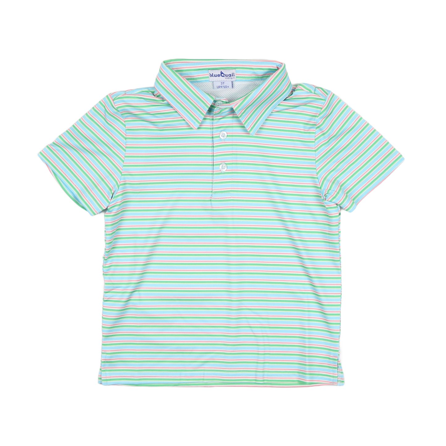 Green and white striped polo shirt on a white background