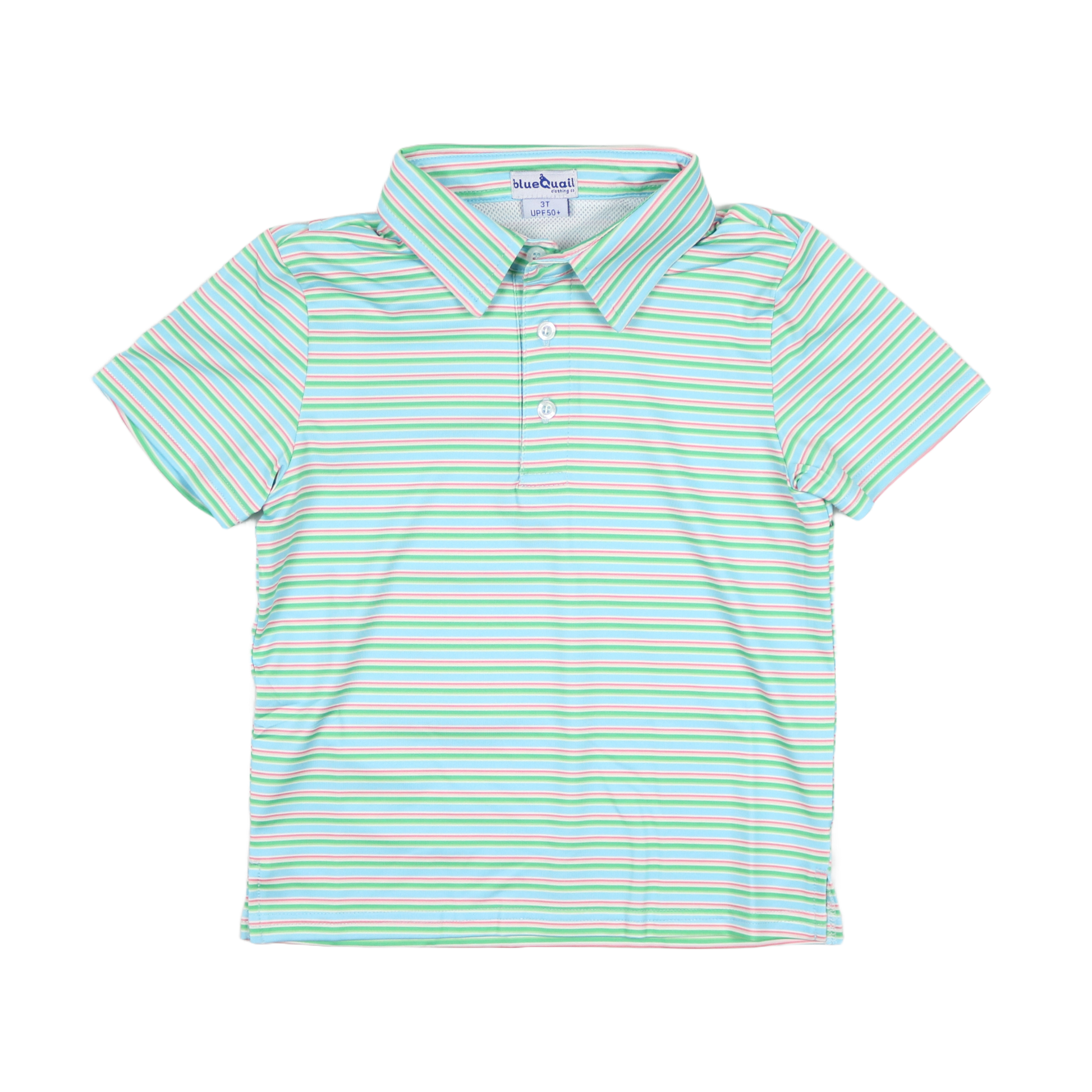Green and white striped polo shirt on a white background