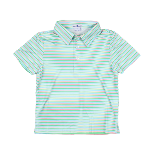 Green and white striped polo shirt on a white background