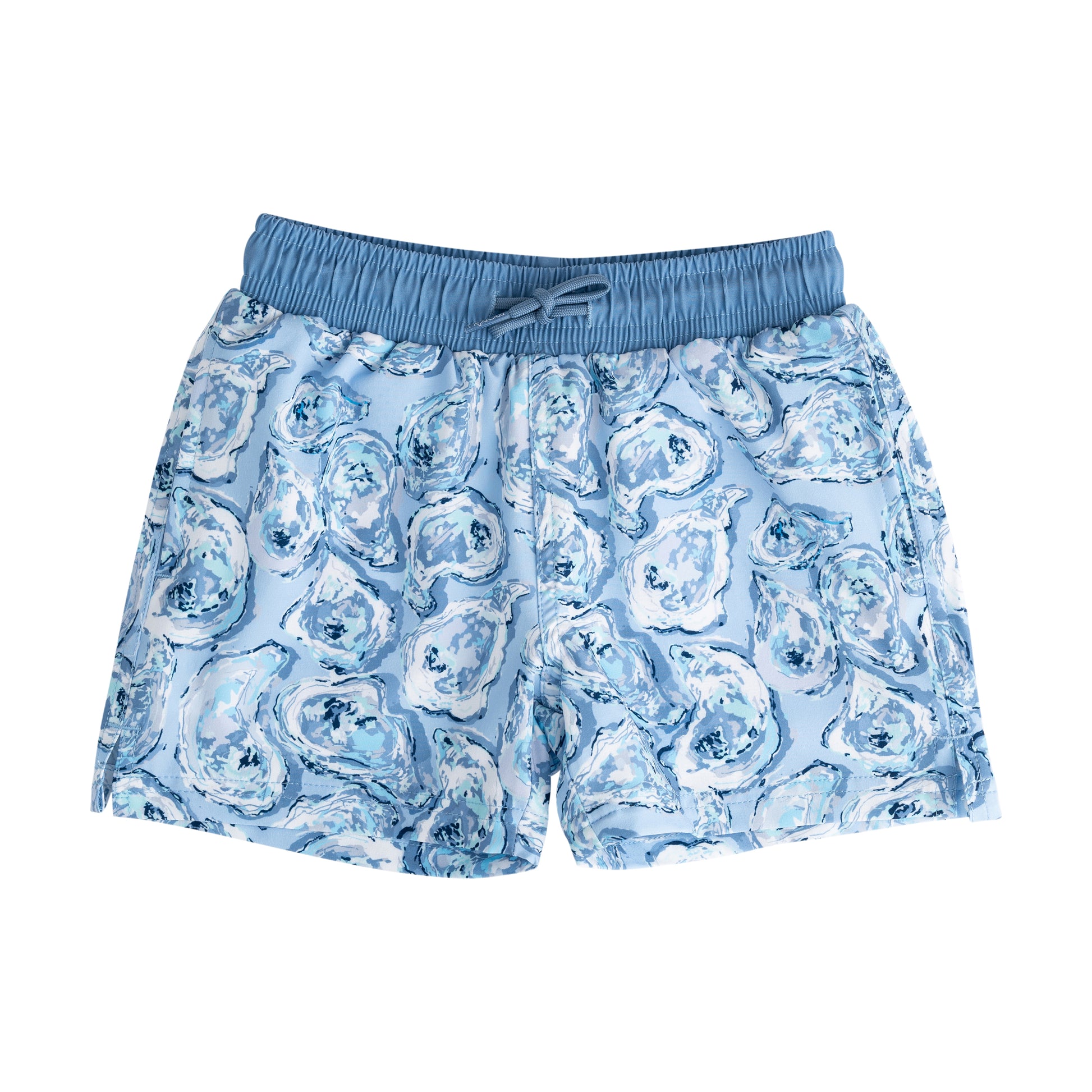 Blue swim shorts with a oyster shell pattern 