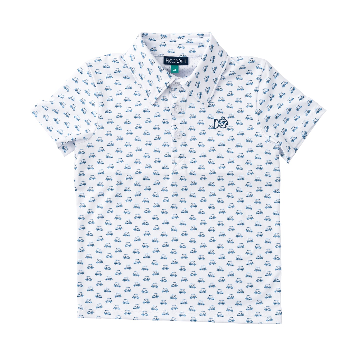 White polo shirt with blue pattern 