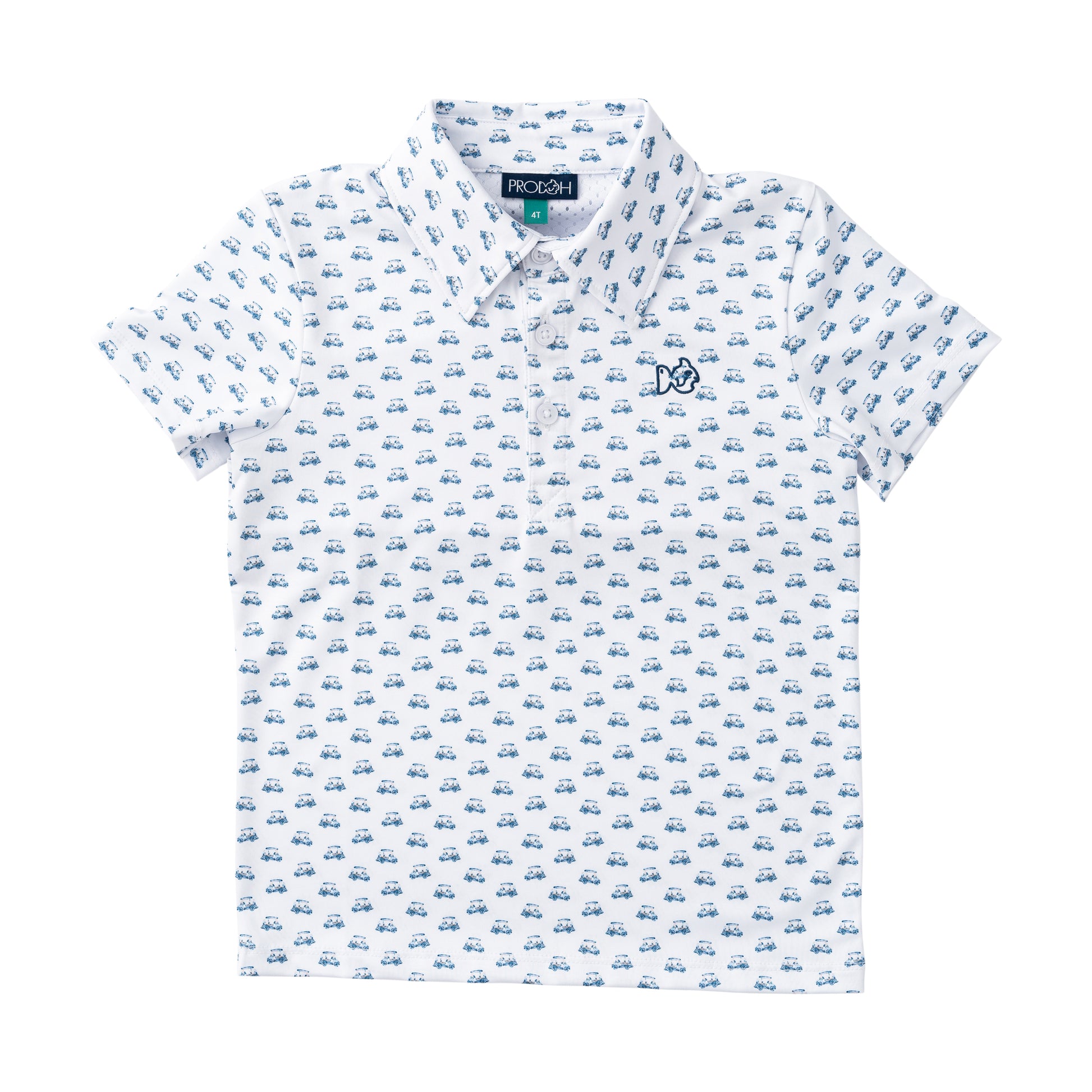 White polo shirt with blue pattern 