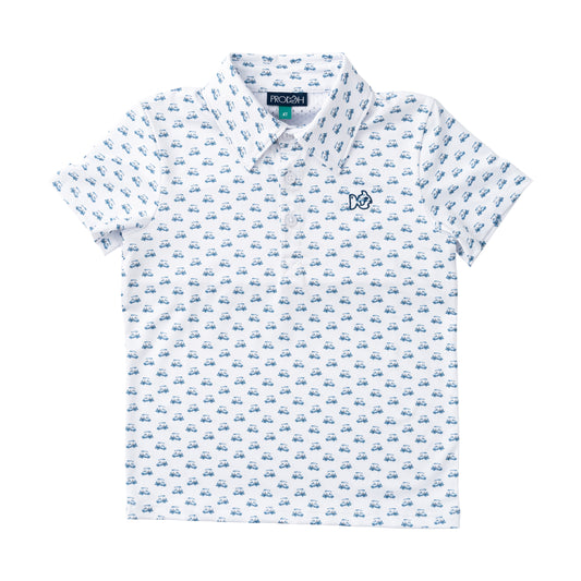 White polo shirt with blue pattern 