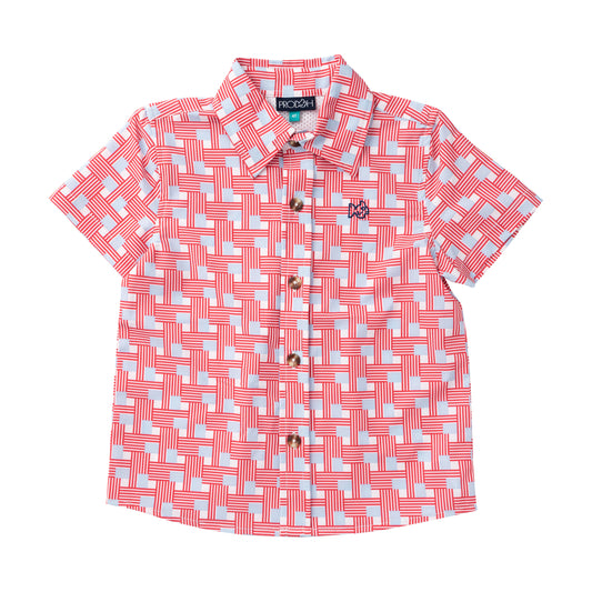 Red and white geometric patterned shirt 