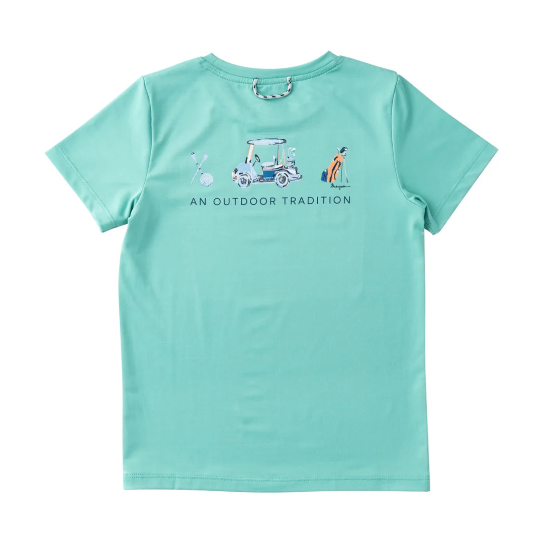Light blue t-shirt with golf-themed graphics 