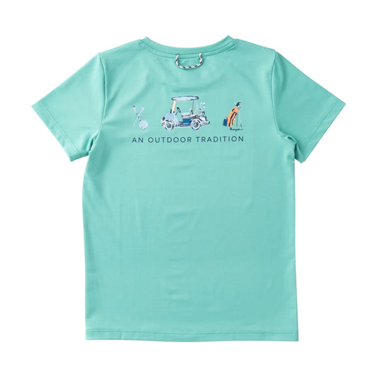 Light blue t-shirt with golf-themed graphics 
