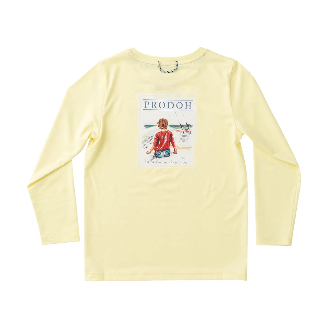 Yellow long-sleeve shirt with a graphic and 'PRODOH' 