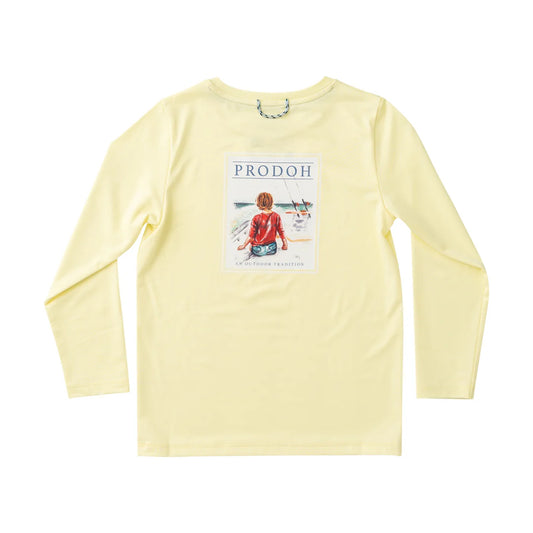 Yellow long-sleeve shirt with a graphic and 'PRODOH' 