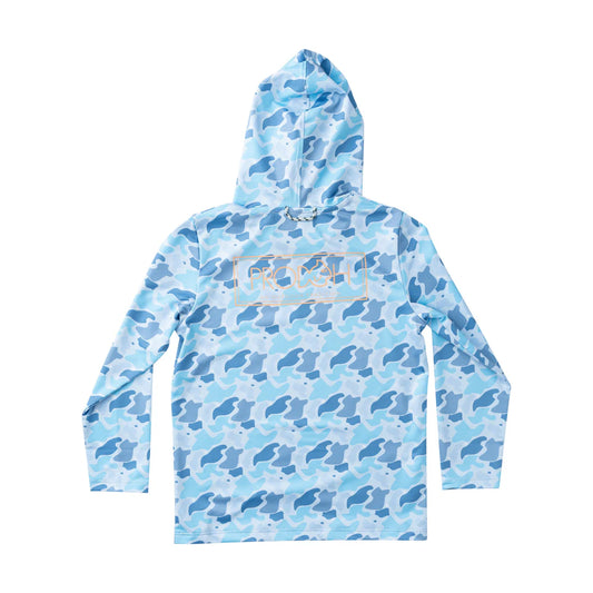 Blue camouflage hoodie with Orange brand logo 