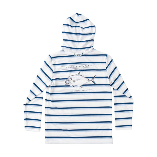 White and blue striped hoodie with fish design 