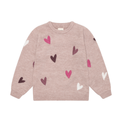 A children's long-sleeve knit sweater in a dusty mauve-pink color, decorated with scattered embroidered hearts in dark brown, bright pink, and white.