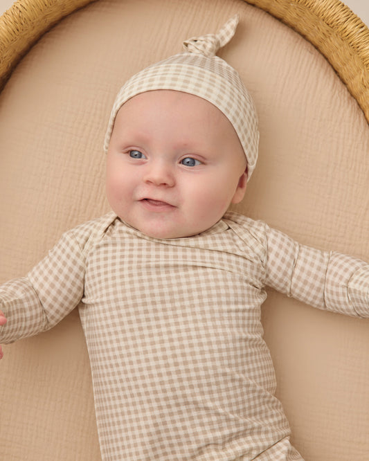 Bamboo Baby Gown + Hat Set // Oat Gingham