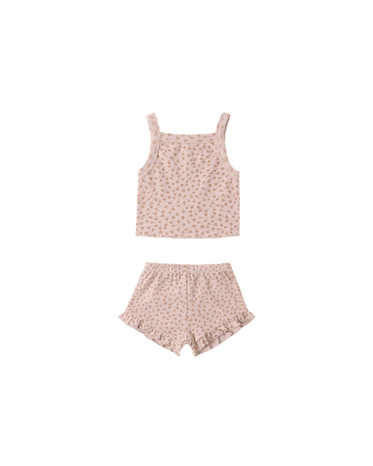 Pink tank top and shorts set with a subtle pattern