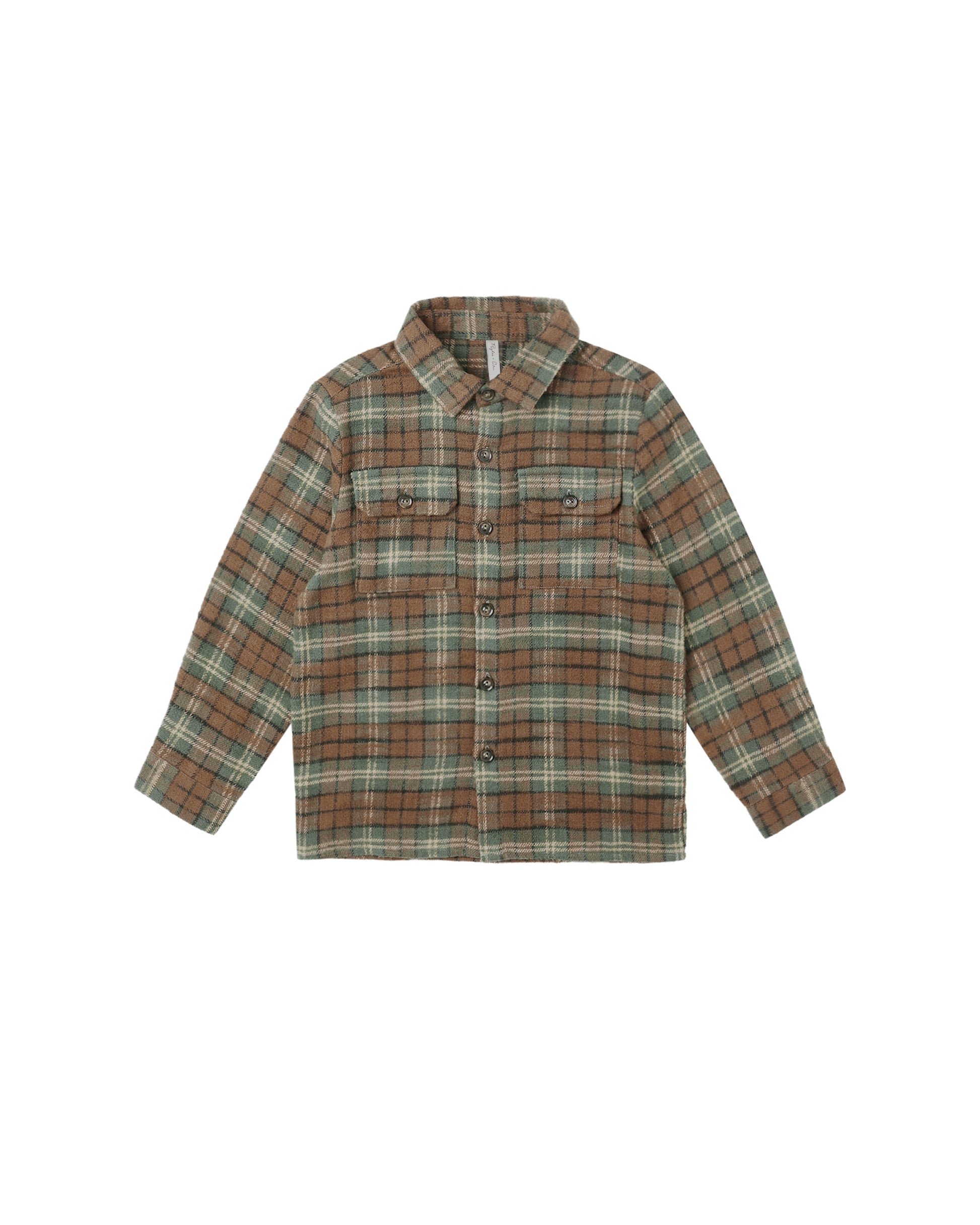 Plaid shirt with brown, green, and beige pattern 