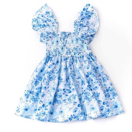 Hibiscus Rose Cotton Girls Smocked Flutter Sleeve Dress